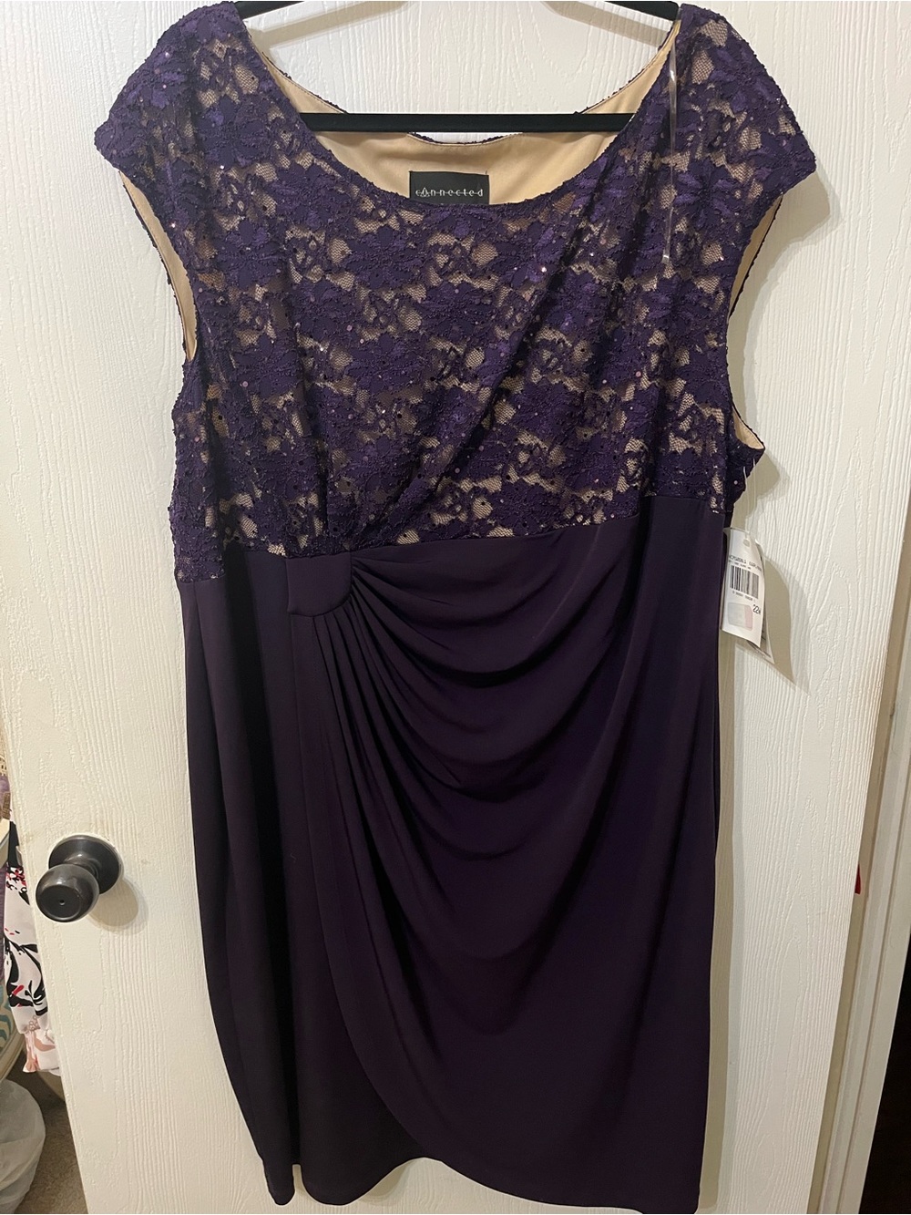 connected apparel Purple Lace Midi Dress with Draped Skirt